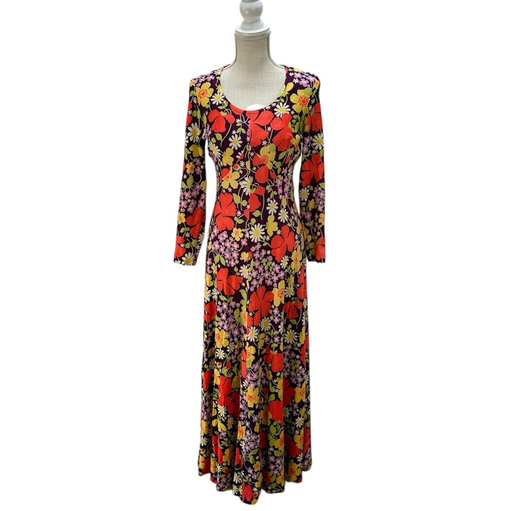 Vtg 1970s‎ Floral Maxi Dress Bold Poppy Daisy Print Long Sleeve Boho Retro XS/S